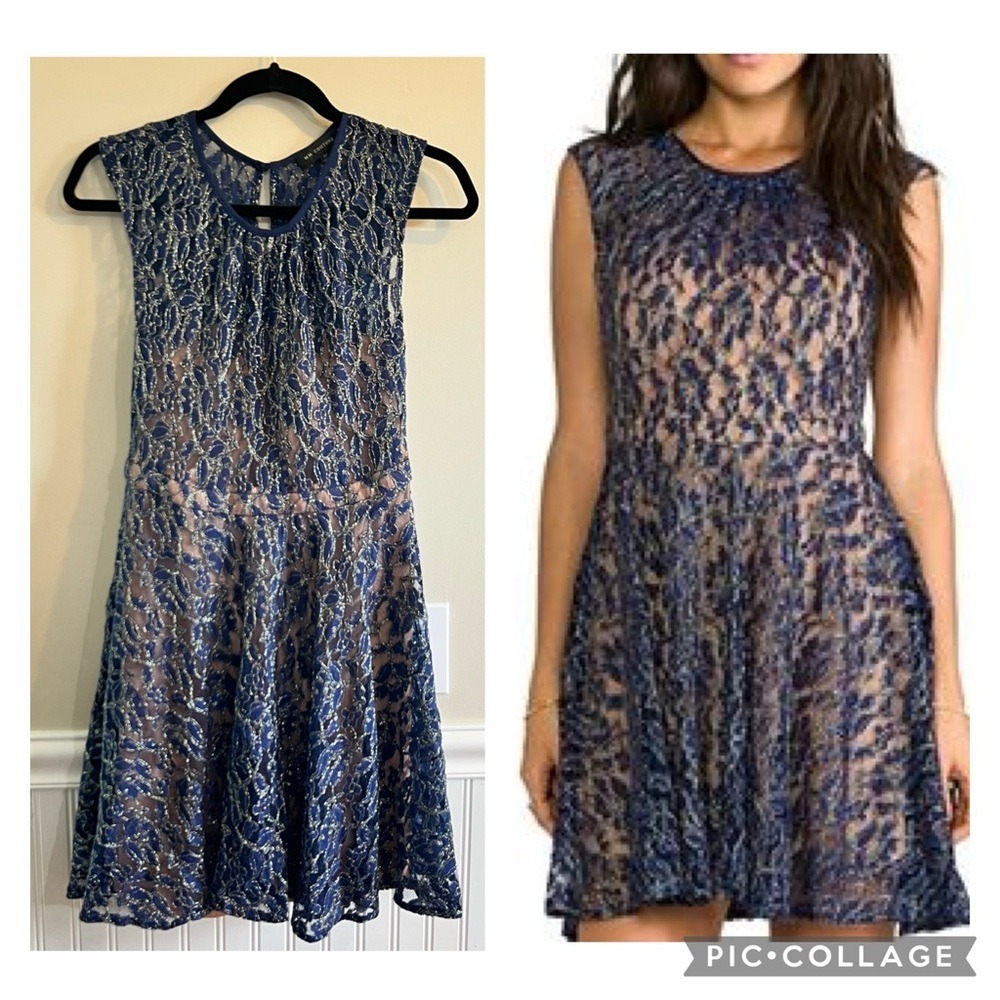 MM Couture Navy Blue Lace Overlay Fit Flare Dress Size M‎ Keyhole Neck Romantic